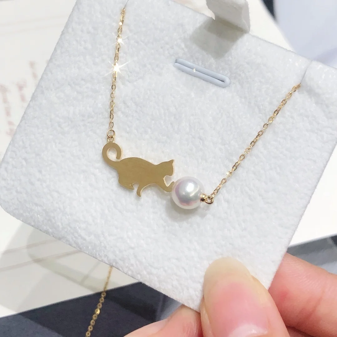 natual pearl 14k pure yellow gold cat necklace christmas gift party birthday custom jewelry woman 14k gold pearl necklace