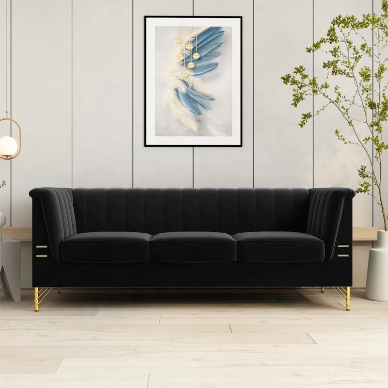Black Modern Button Tufted Velvet Sofa 3-Seater Soft Upholstered Couch with Removable Cushions Gold Metal Legs Living Room Sofas