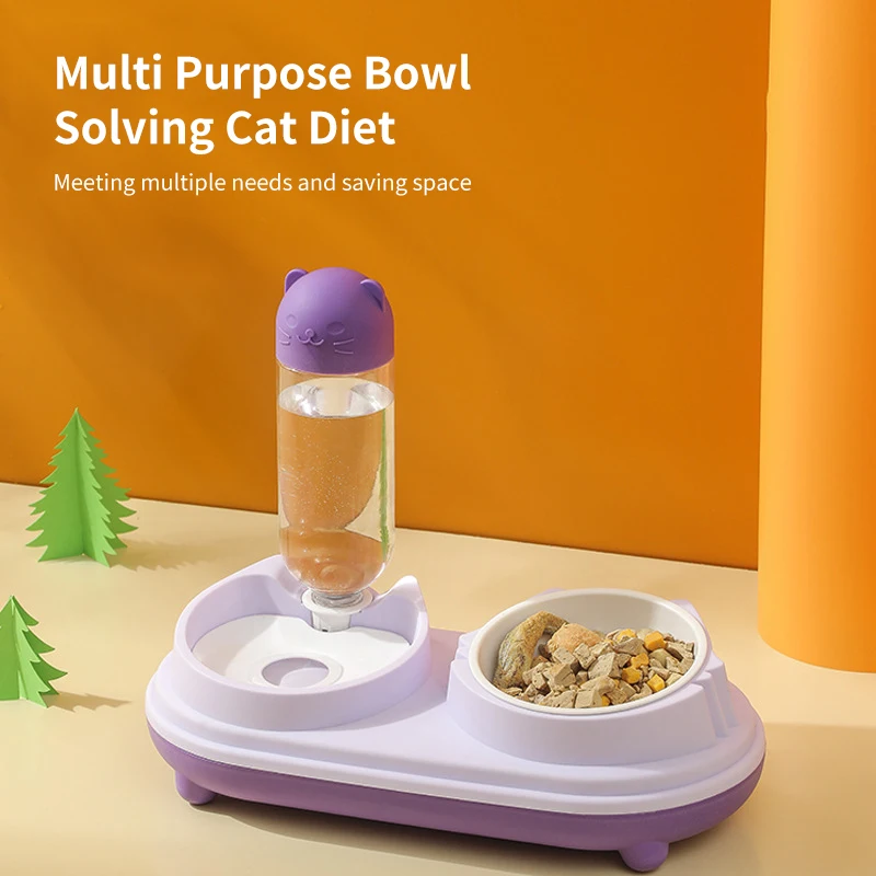 Cat Food Bowl Pet Automatic Feeder Water Dispenser Dog Cat Food Container Drinking Raised Stand Dish Bowls, Cups & Pails Natural