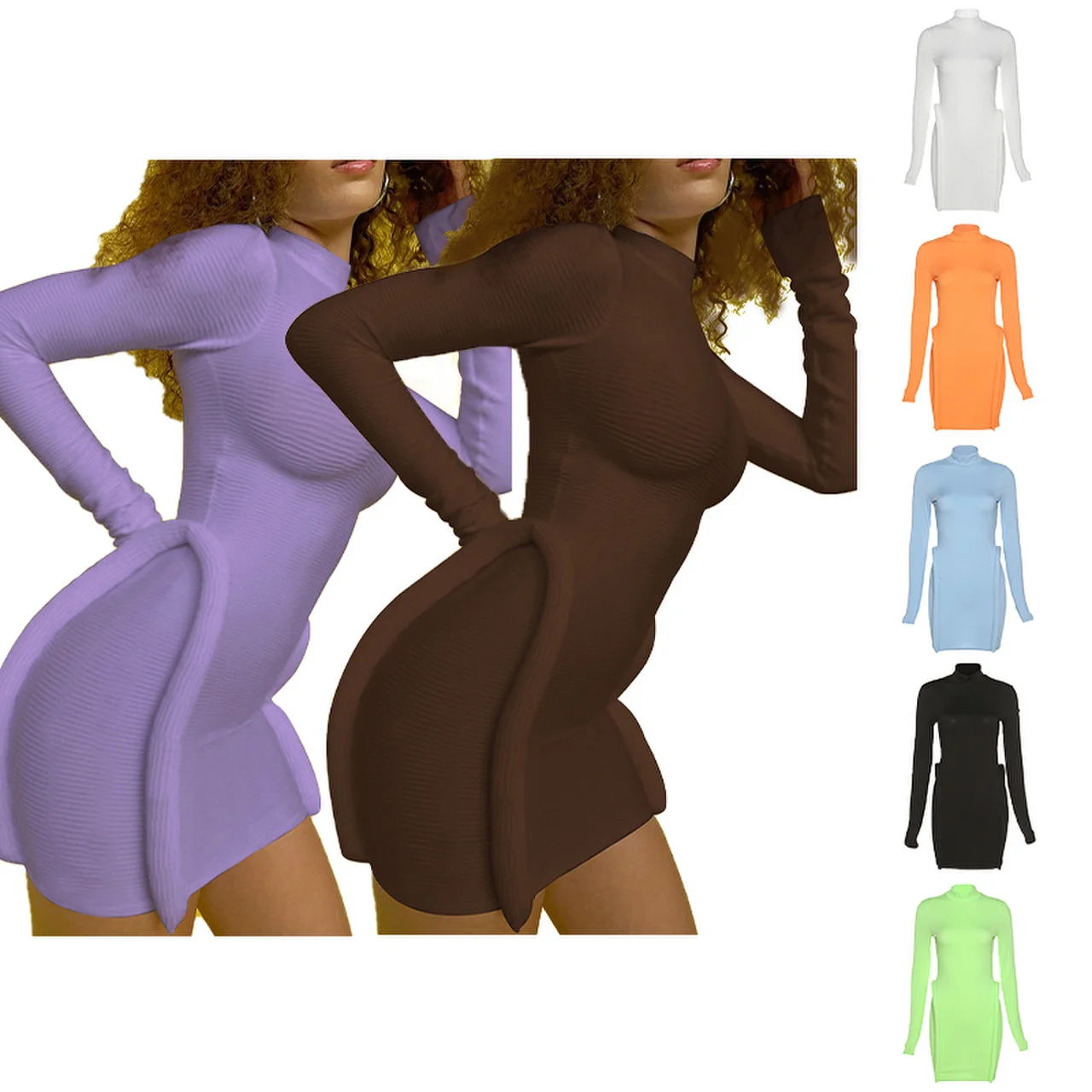 Knitted Stitching Mini Dress Women Hipster Skinny Three-dimensional Decoration Long Sleeve Turtleneck Streetwear Bodycon Dress