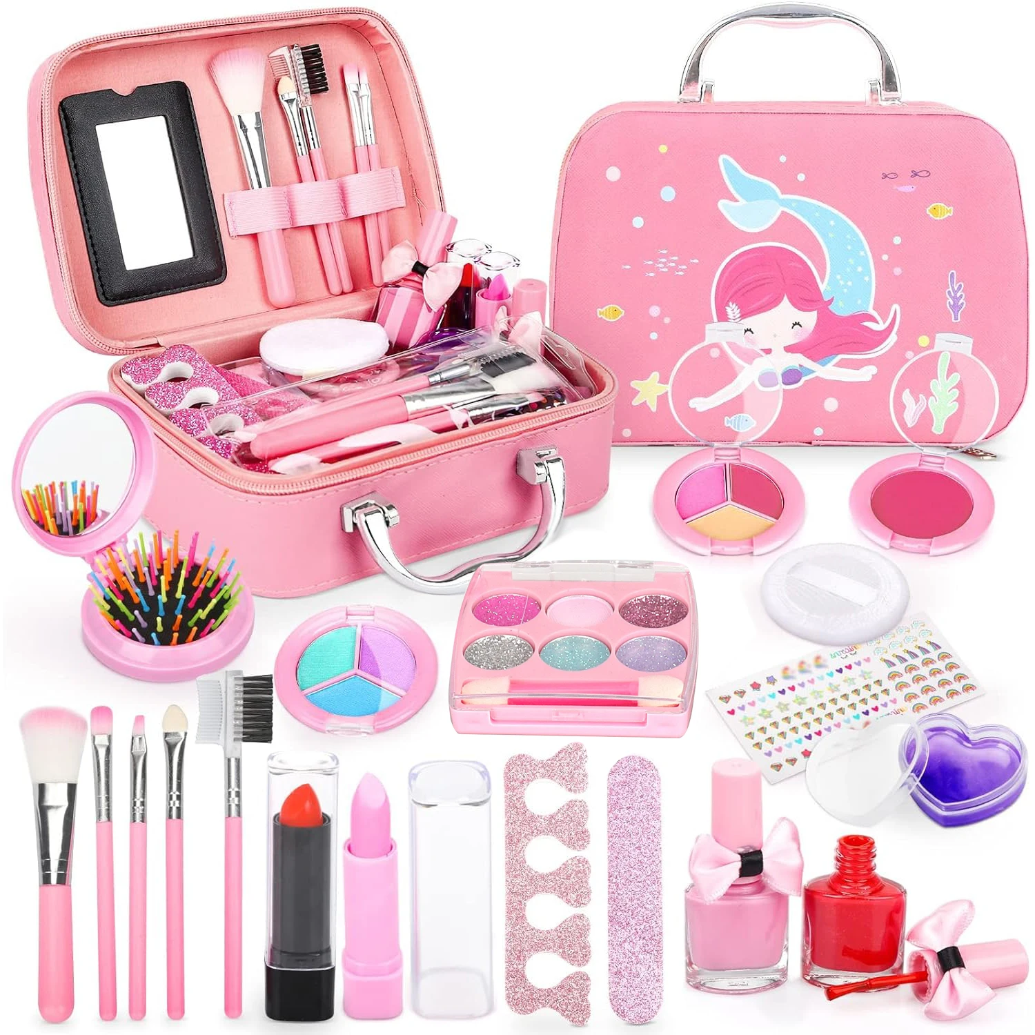 Children Girl Makeup Bag Set Toys Pretend Play Preschool Makeup Kit Toy Washable Cosmetics Set with Makeup Brush