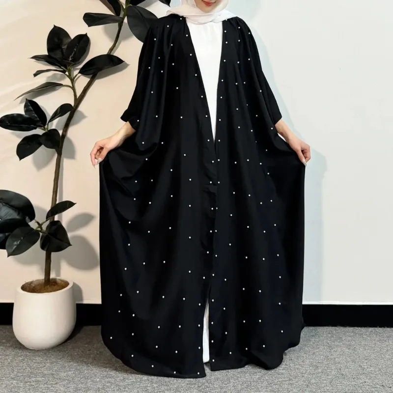 Ethnic Open Front Abaya Long Sleeve Islamic Clothing Loose Beading Maxi Dress Women Jilbabs Dubai Robe Kaftan Muslim Abayas