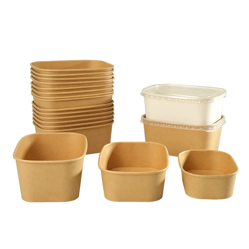 Ready bulk  Food grade 500ml 750ml 1000ml takeaway Brown Kraft Paper snack salad disposable rectangle square bowl with lid