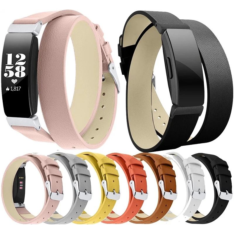 Extra Long for Fitbit Inspire/Inspire HR Wrist Strap Stainless Steel Silver Black Buckle Double Tour Leather Watch Band