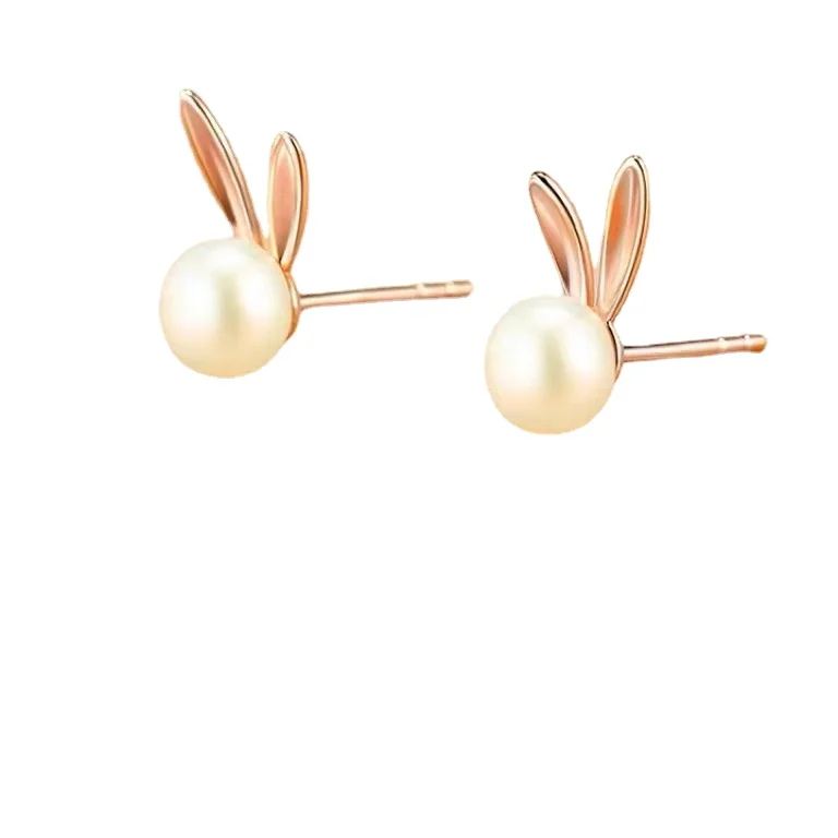 New pearl naughty rabbit ear studs female cute niche design rose gold earrings ins Feng cute rabbit ear accessories silver