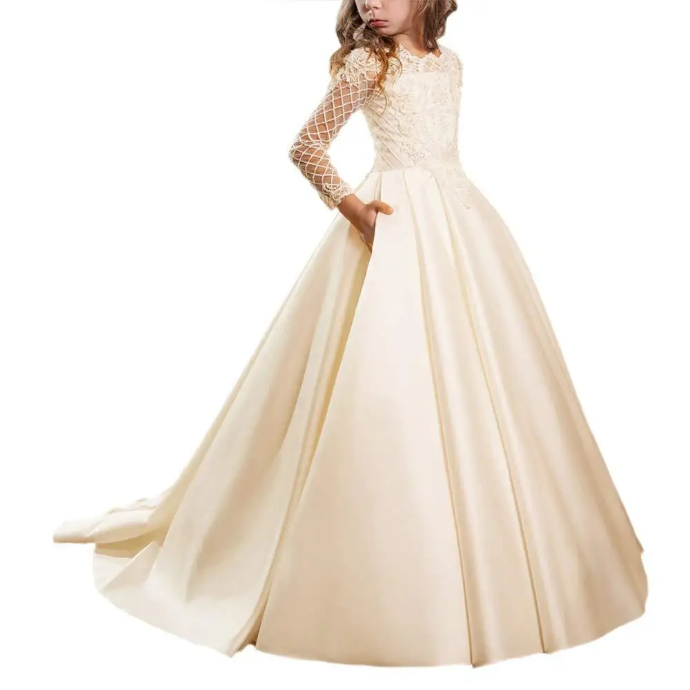 Новинка недорогие платья для девочек с длинным рукавом пышное платье принцессы цветами свадебное маленьких кружевная Пышная