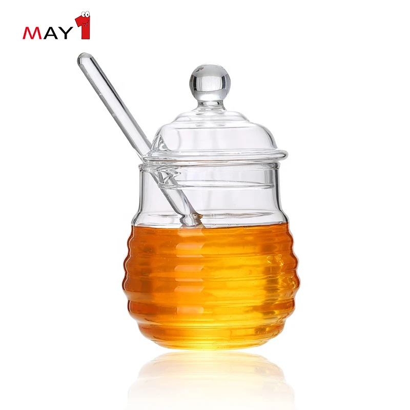 Food Grade Clear Round Shape Beehive Style Borosilicate Glass Honey Jar jam jar with Dipper with Lid
