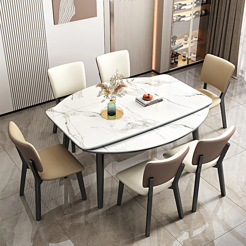 Scandinavian High-End Telescopic Rock Plate Dinning Table Set For 6 Small Household Modern Simple Solid Wood Base Dining Table
