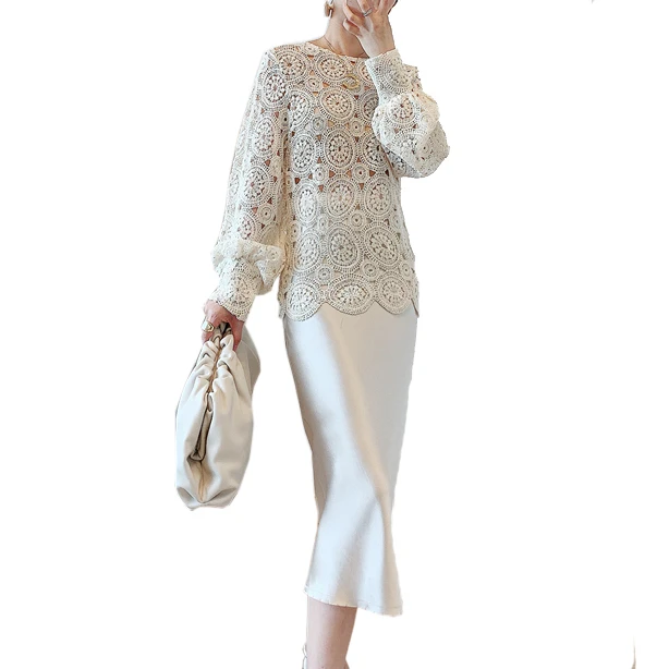
Palace Lantern Sleeve Summer Spring Female Embroidery Flower Woven Hollow Out Lace Top Sweater Dress 