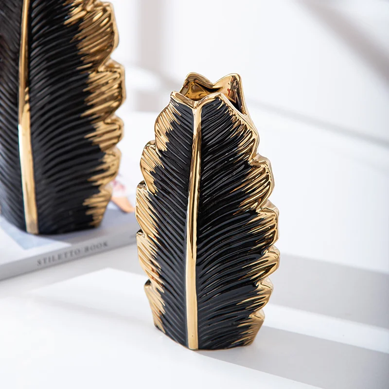Nordic black gold electroplated leaf ceramic vase modern simple home living room TV cabinet decoration pieces inserted vase