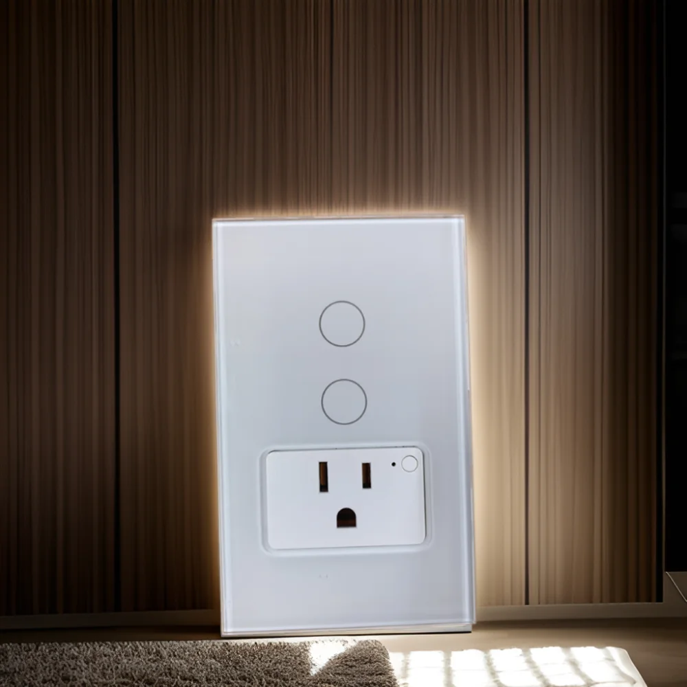 Tuya Remote Control Glass Touch Panel WiFi Light Switch Socket 2 Gang US Standard Switch With Socket