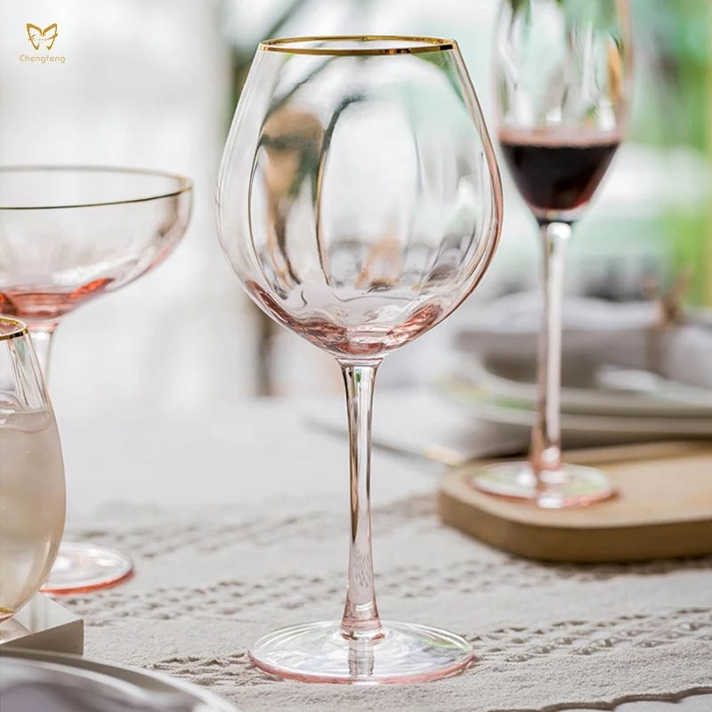 Luxury Wedding Glass Cup Set Colored Pink & Gilded Rim Coupe Glass, Champagne, Martini & Cocktail, Dessert & Drinking Glasses