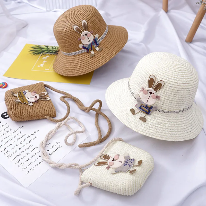 2024 Wholesale Kids Baby Children Toddler Straw Hat Bags Set Sun Summer Beach Camping Outing Vacation Girl Straw Hat