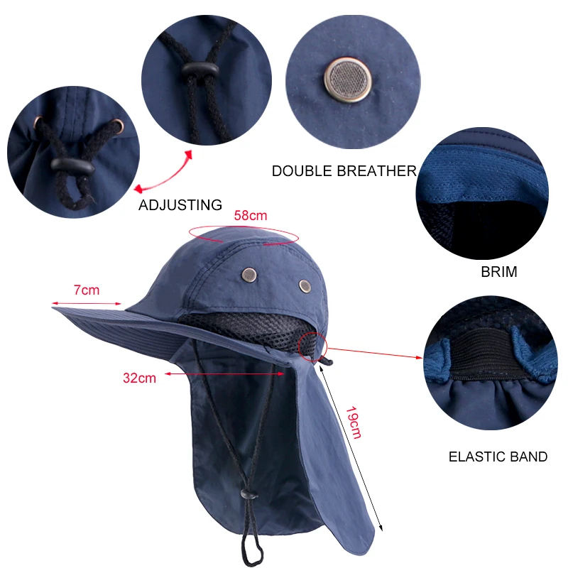 Wholesale Custom Logo Outdoor Summer NYLON POLYESTER UPF50+ Sun Bucket Wide Brim Mesh Fishing Hat With Neck Flap For Women Men