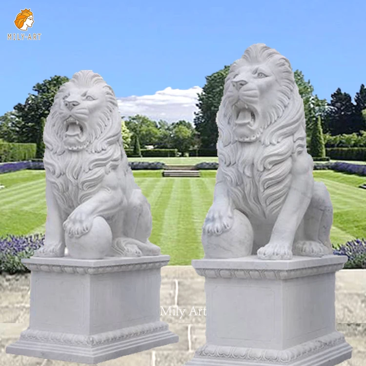 Outdoor Life Size Natural Stone White Marble Standing Lion Statues with Ball Sculptures for Decoration