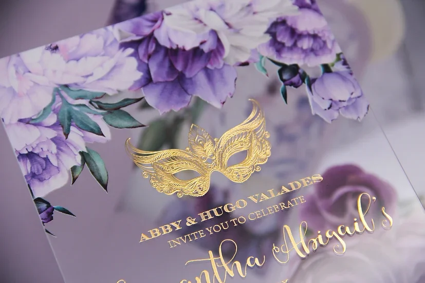 Luxury Gold Masked Ball Styles Sweet 16 Invite Quinceanera Acrylic Invitation With Purple Flowers Printing