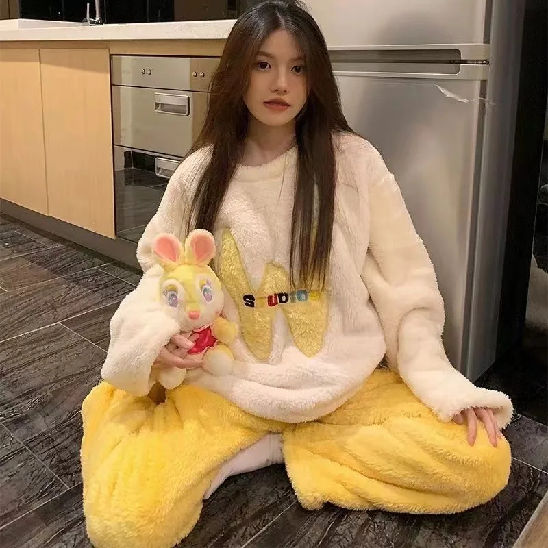 Factory Autumn and Winter Women Pyjamas Sets Thick Keep Warm Flannel Long Sleeve Female Cartoon Bear Animal Pants Sleepwear