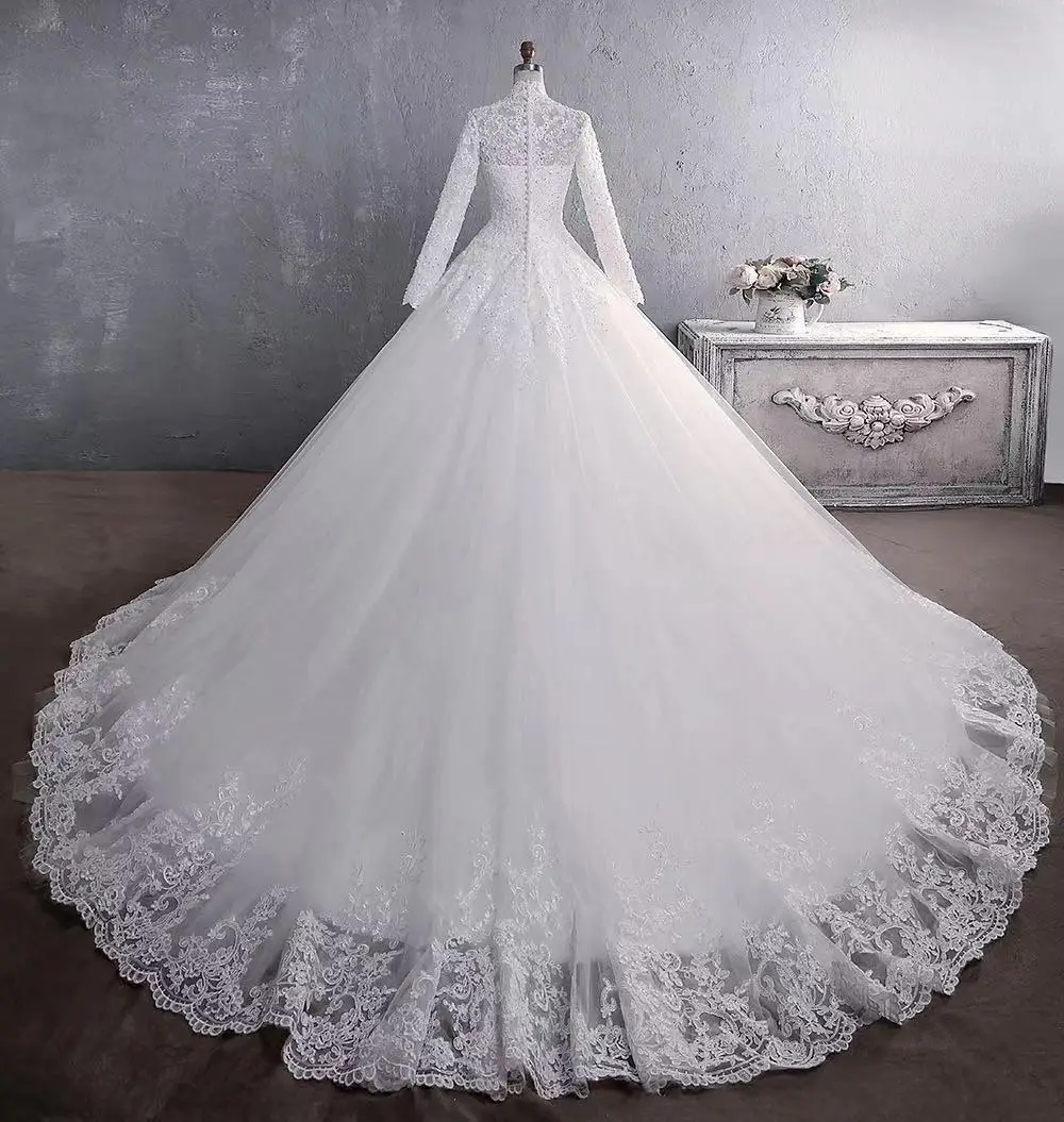 2021 newest style stand collar Muslim women wedding dress plus size lady bridal gown with