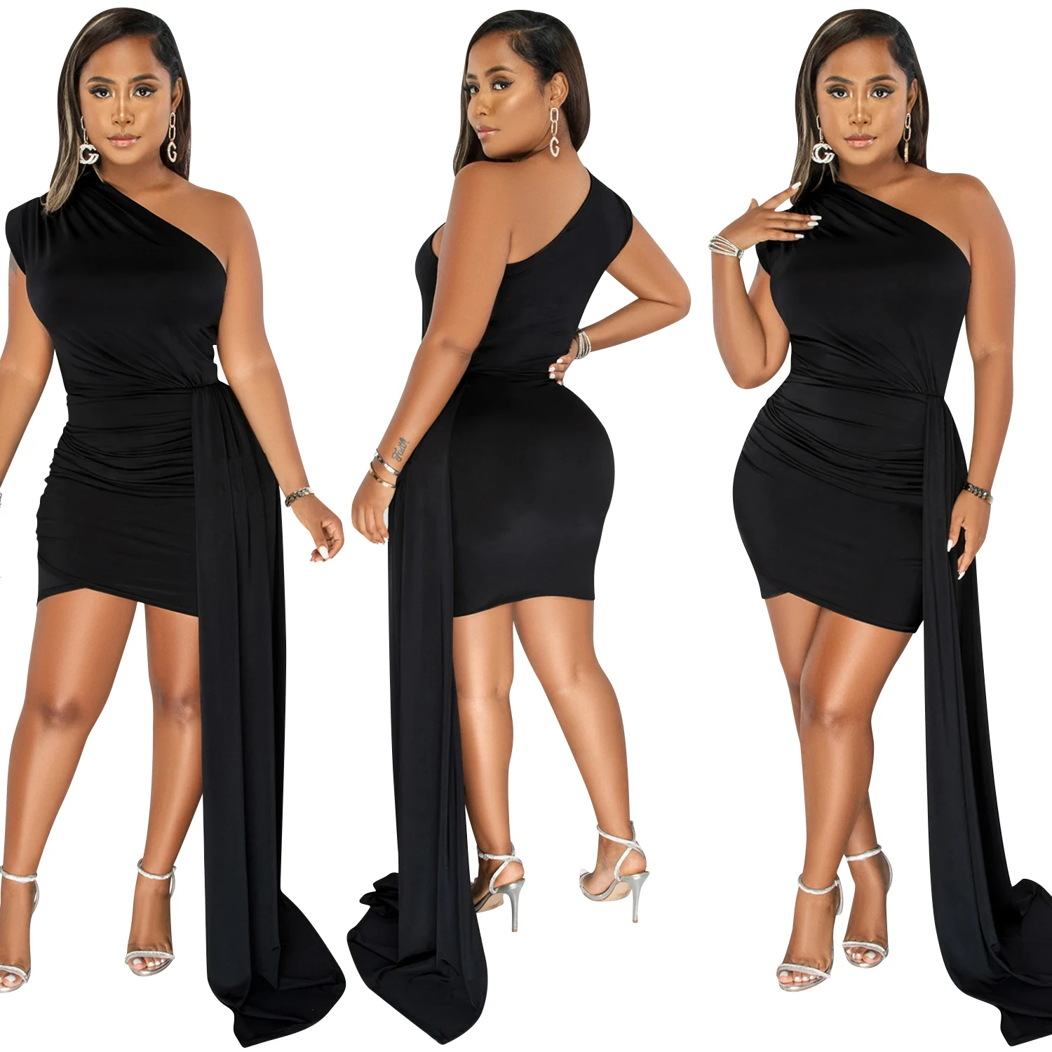 X5877 Foma 2022 summer one shoulder sexy night casual sleeveless elegant long ribbon mini dress