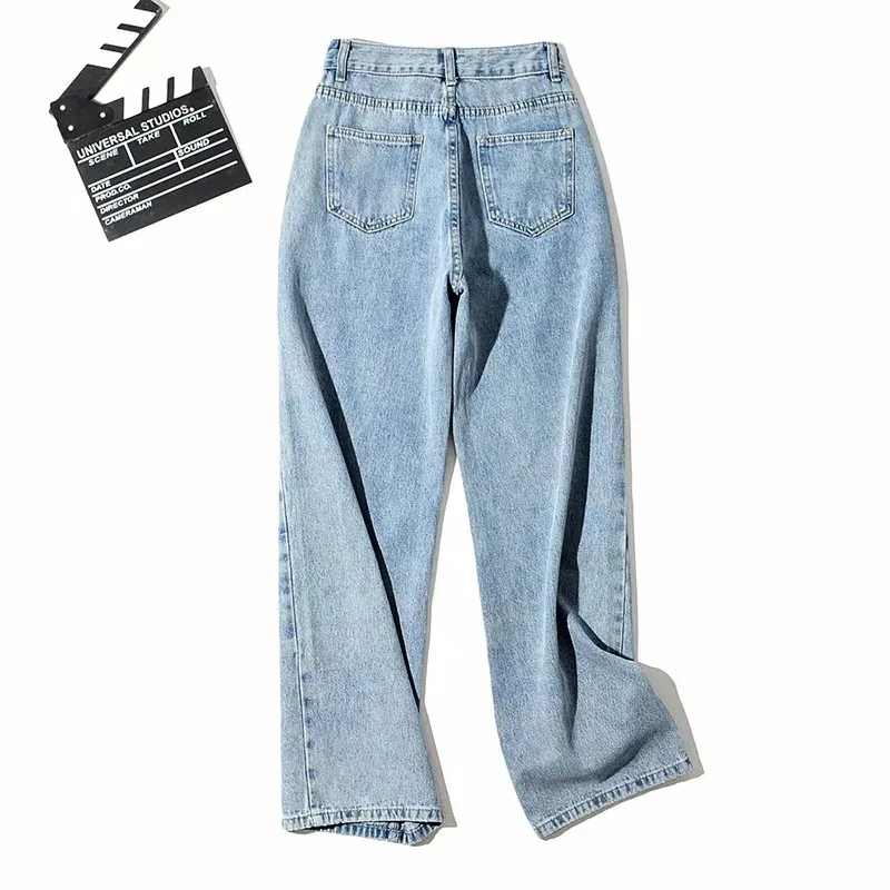 Blue Gray Streetwear Vintage Fashion Harajuku Straight Pants High Waist Clothes Wide Leg Denim Clothing Woman Oblique Belt Jeans