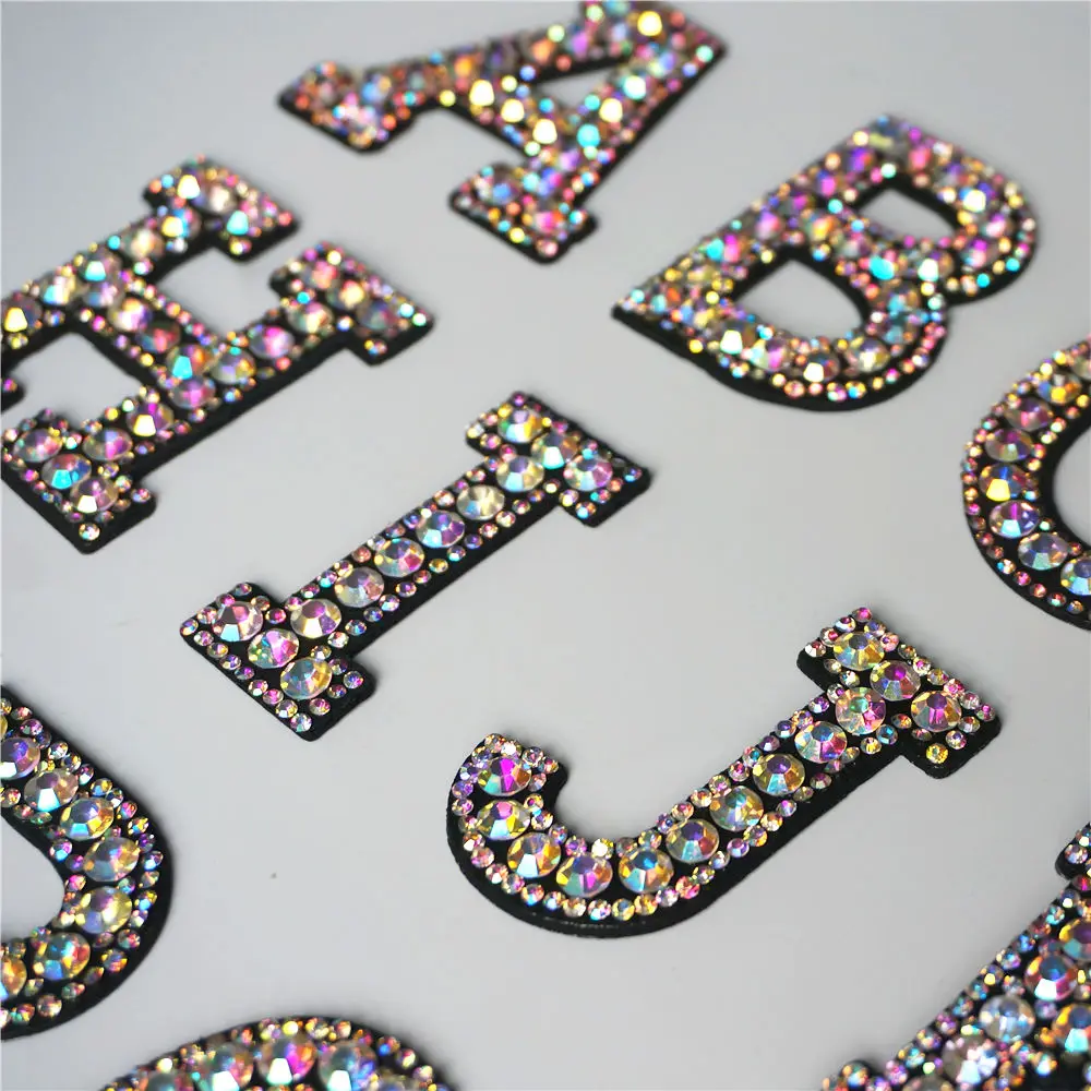 The Newest 26 Letters Rhinestones Alphabet Sew Iron On Patches Rainbow Shining Badges For Name DIY Clothes Appliques Decoration
