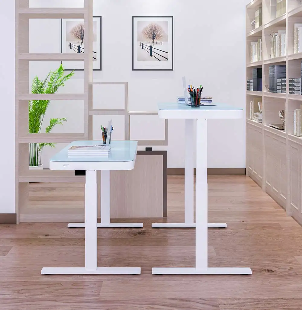 Ergonomic Dual Motor Height Rising Desk Metal Table Sit To Stand Desk Stand Up Standing Computer Desk With Glass Panel