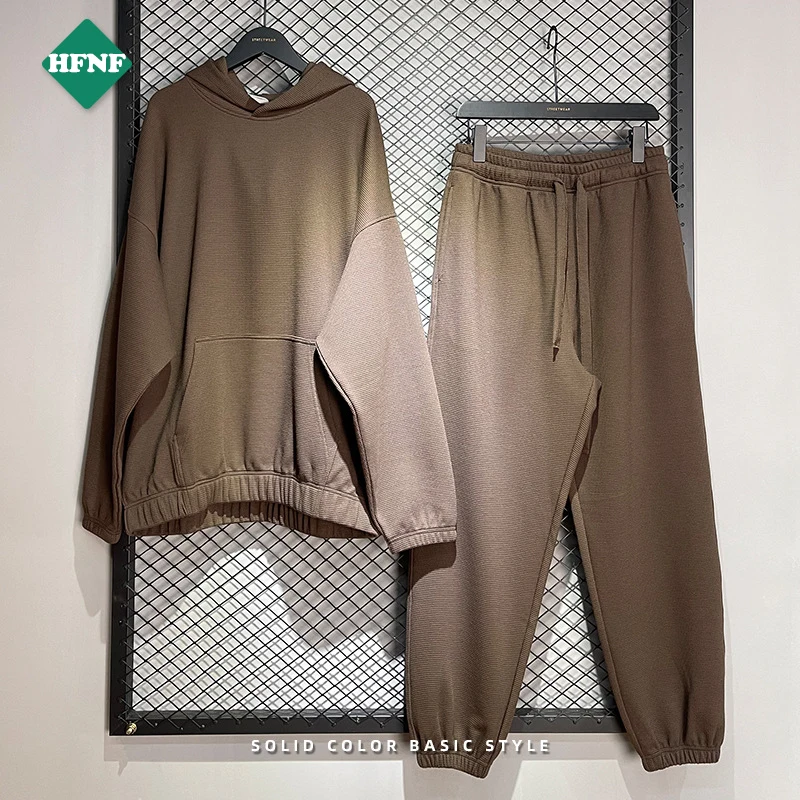 Heavyweight Pullover waffle tracksuit for men blank cotton 2 pieces sweatpants and hoodies set