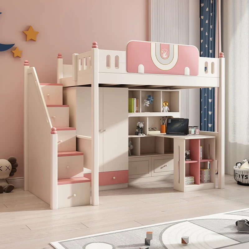 Hotel bedroom elevated bed furniture set desk wardrobe combination bed assembled cartoon style room