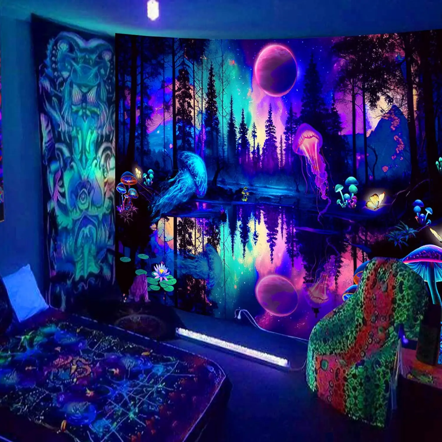 Custom Miytal Fantasy Forest Jellyfish Tapestry Blacklight Colorful Mushroom Butterfly Wall Hanging for Bedroom
