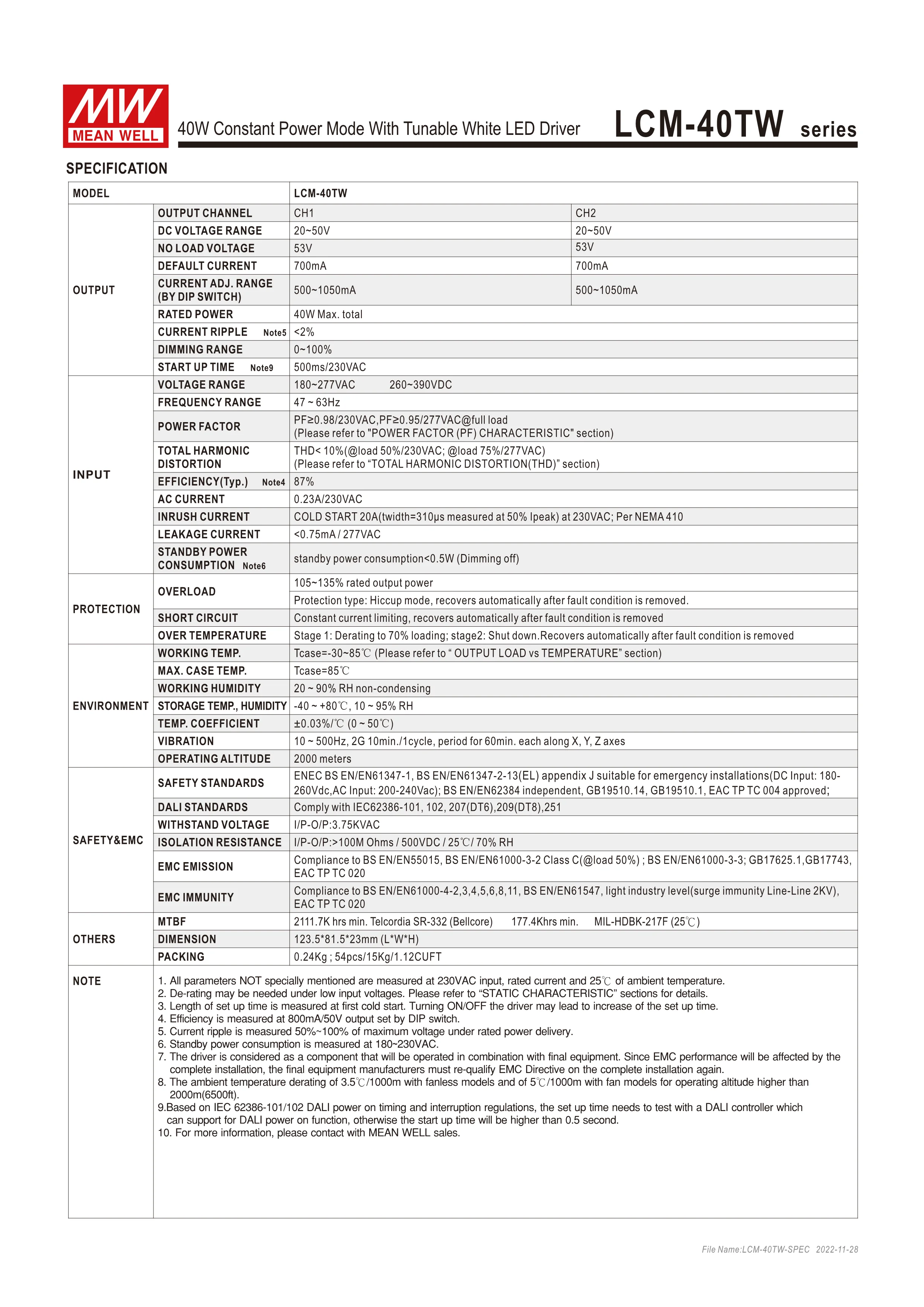 Meanwell dali driver 40W DALI-2 Tunable White DT8 Constant Power Mode With Tunable White LED Driver LCM-40TW series Mean well