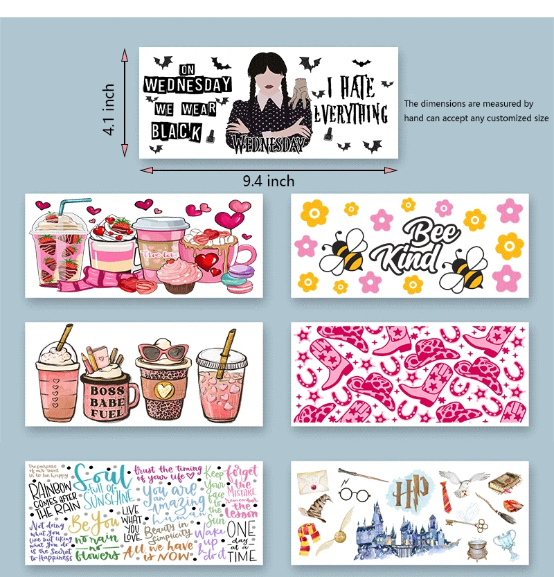 Custom Designs ECO Solvent Transfers UV DTF Cup Wrap Transfers 16oz UV DTF Libbey Wrap Tumbler Stickers