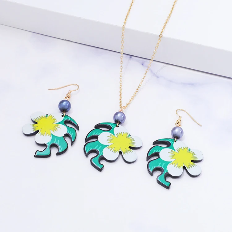 Hawaiian tropical ethnic style suit series fashion color drop flower acrylic earrings necklace for women