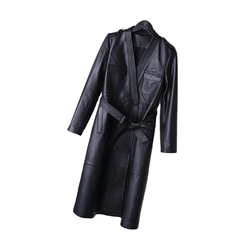 New fashion V-neck double-breasted belt strap trim genuine leather sheepskin long trench coat