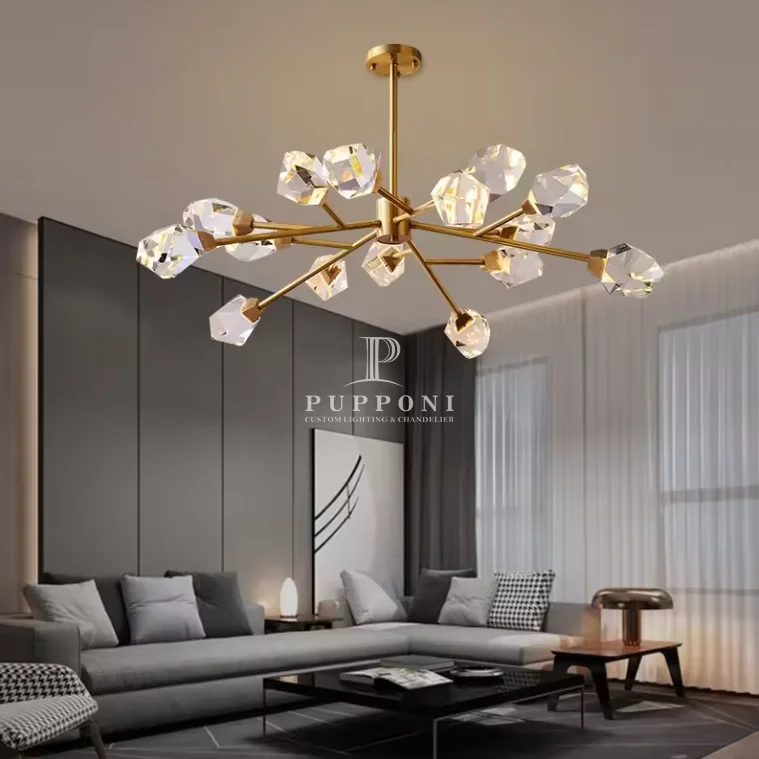 Nordic Modern Gold Brass Metal Crystal Luxury Hanging Ceiling Lamp Living Room Chandelier Pendant Light for Indoor Decoration