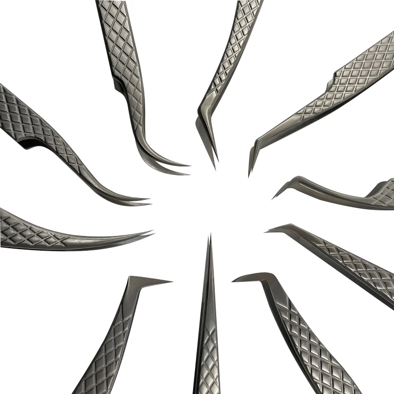 Anti-skid Grips 10pcs Eye Lash Extension Tweezers Diamond Pattern Stainless Steel Volume Lash Extension Tweezers With Grip Tips