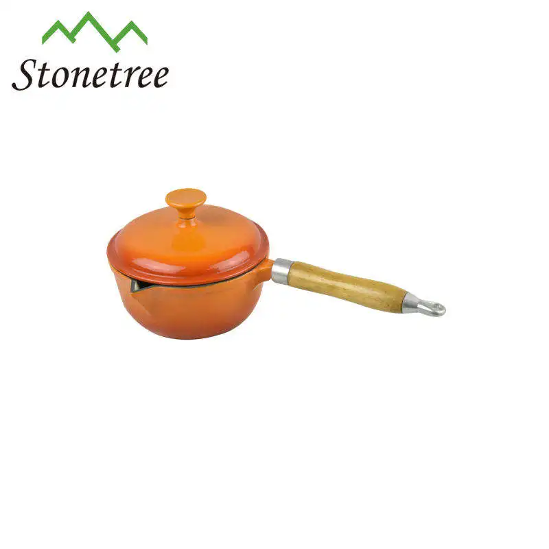 Orange Enamel Cast Iron Double Wall Whistling Milk Pot With Wooden Handle