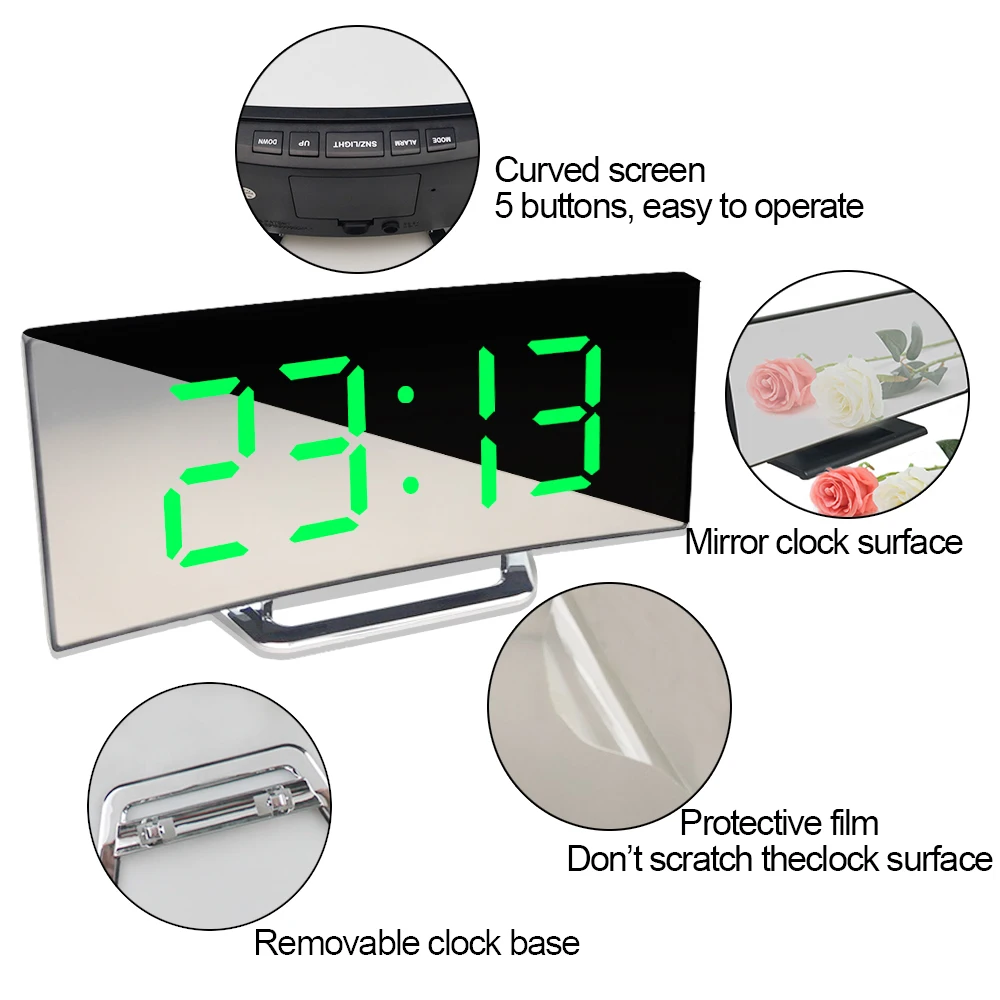 6507 Temperature Snooze Function Home Decoration desktop Clock Curved LED Screen Alarm Clocks for Kids