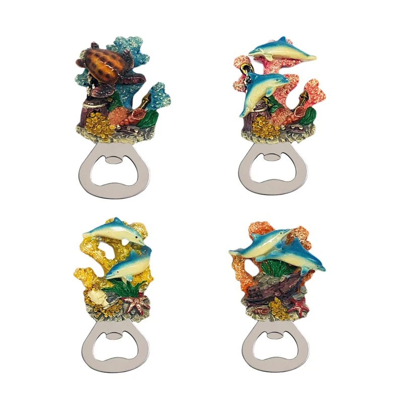Custom Tourist Souvenir 3D Resin Refrigerator Magnet Submarine Coral Dolphin Turtle Magnet Bottle Opener