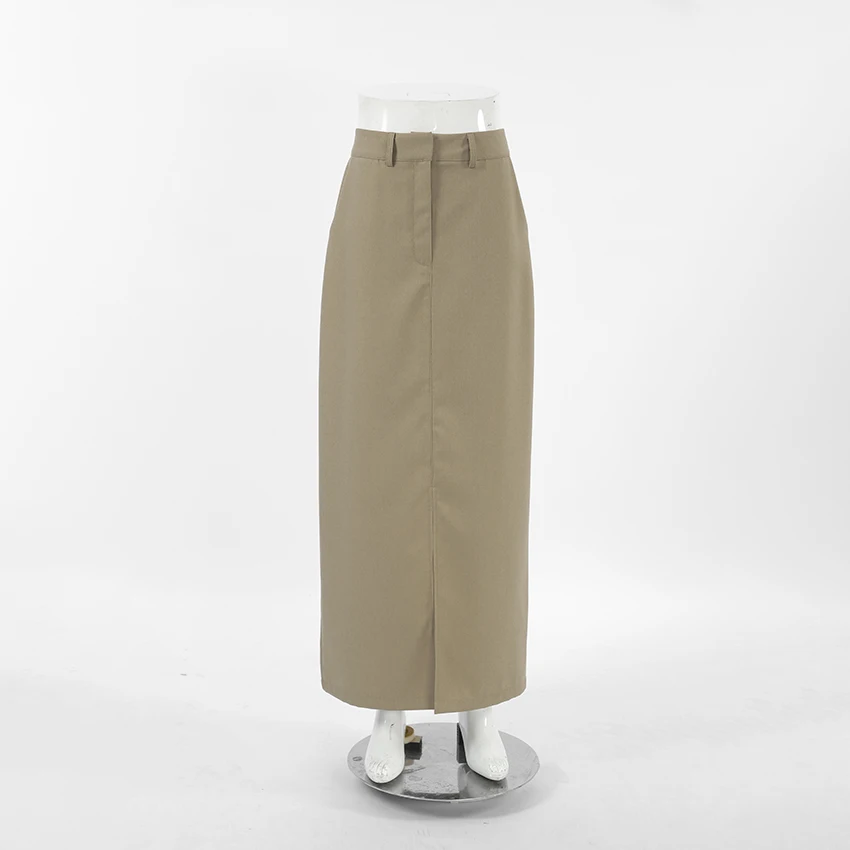 OOTN Spring Women Slit Long Skirts Chic Women 2024 Elegant Office Lady Slim Straight Skirts Fashion Patchwork Khaki Skirts