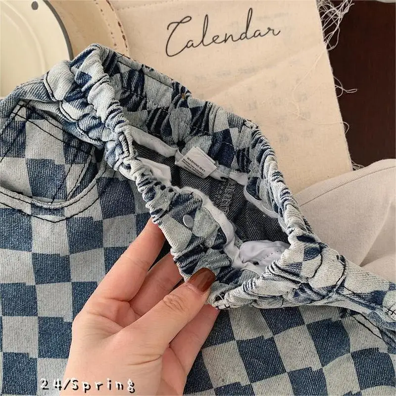 Wholesale 2024 Spring Diamond Plaid Kids Jeans Pants