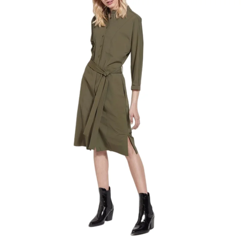 High Quality Fabric Woven Button Up Green Womens Shirt Dress With A Belt Wholesale