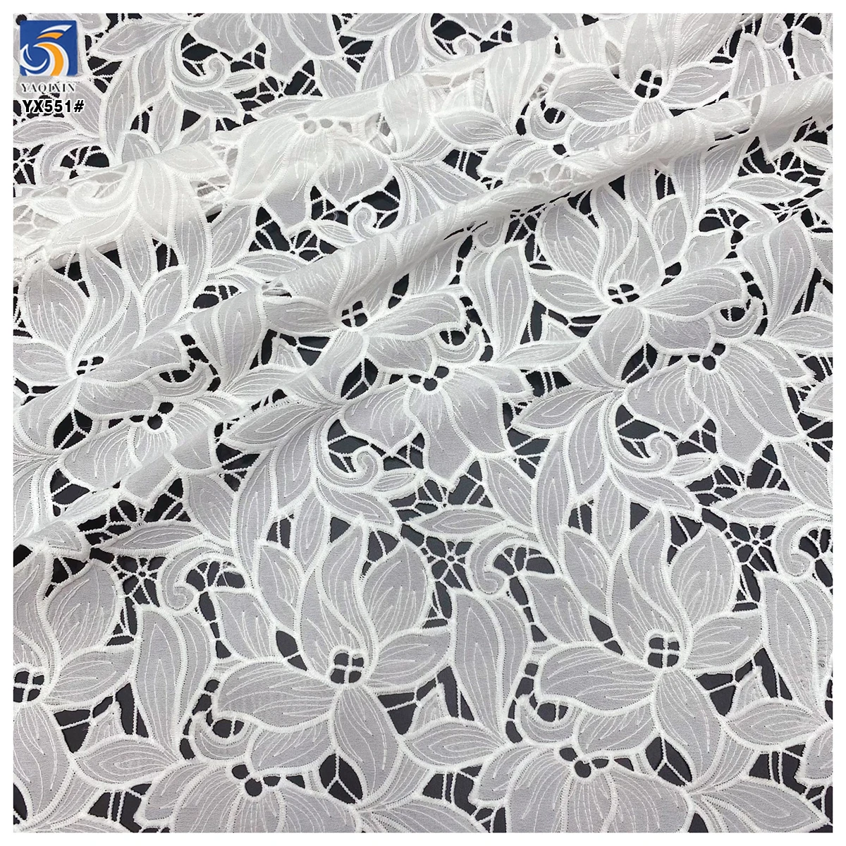 YX551 2025 Custom Dyed White Lotus Leaf Embroidered Fabric 100% Polyester Milk Silk Lace Embroidery Fabric