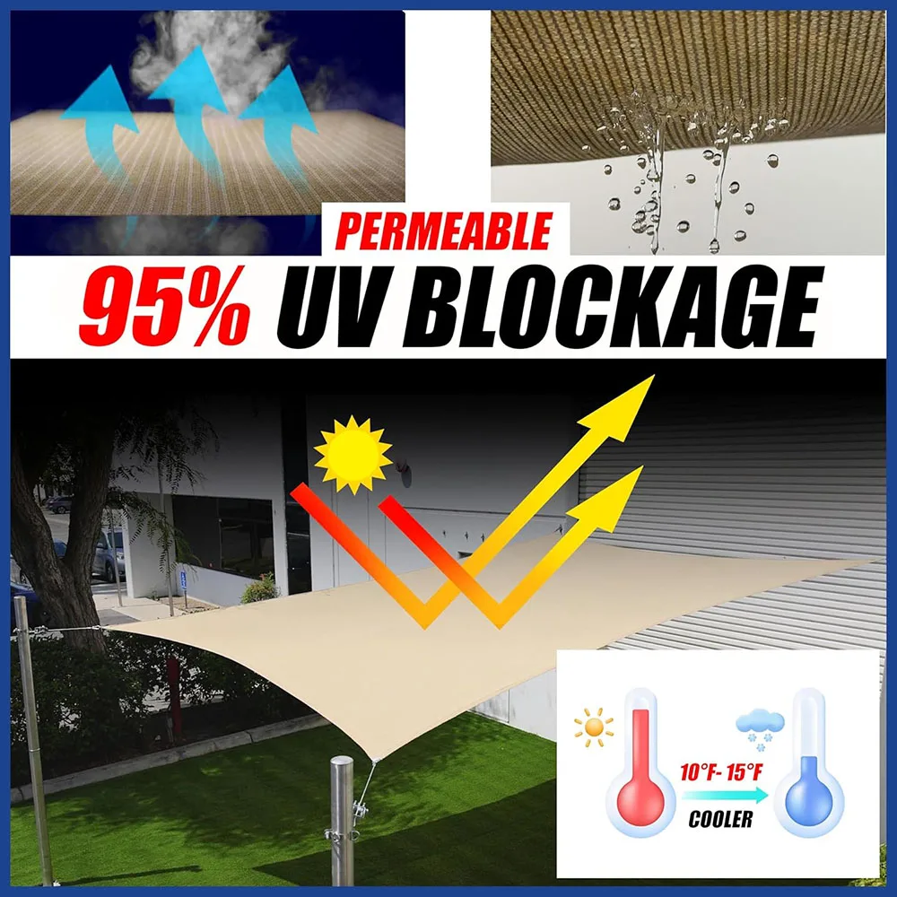 Beige Sun Shade Sail  Water and Air Permeable & UV Resistant for Carport Patio Outdoor