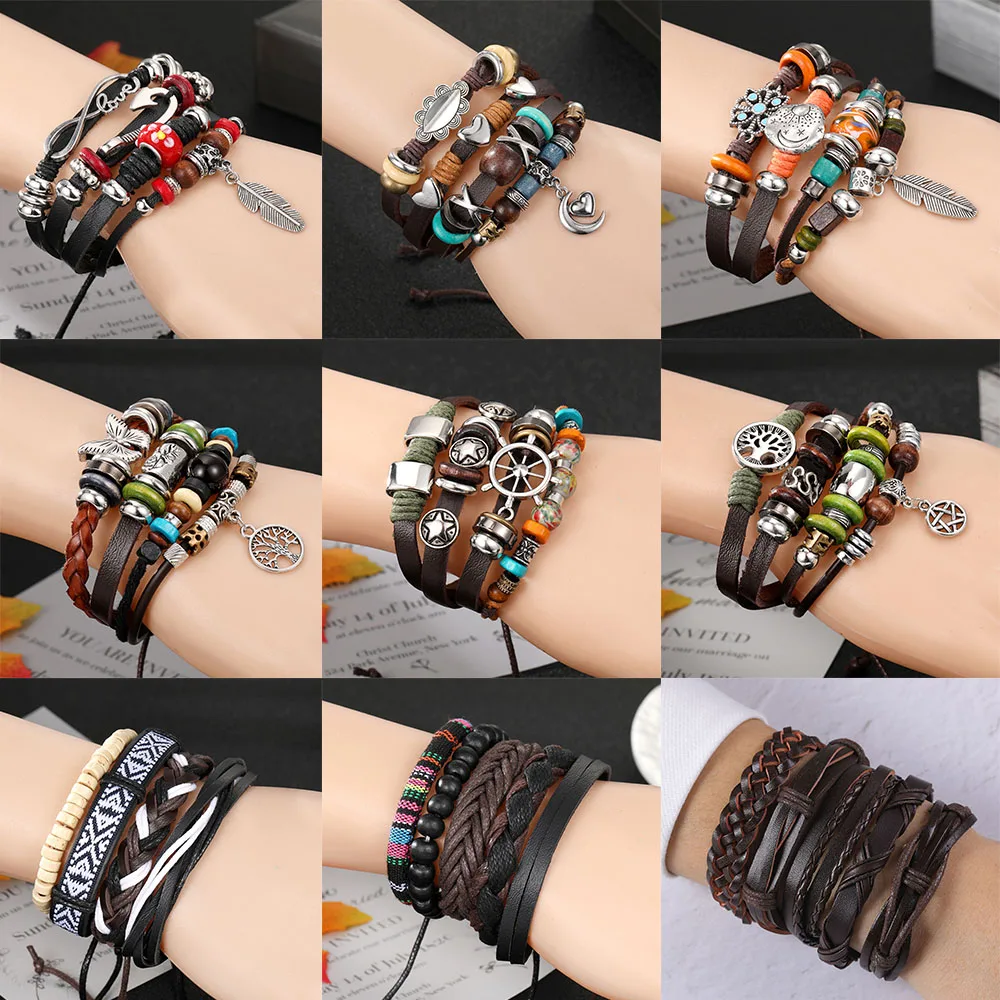 KISSWIFE Wholesale Vintage Men s Anchor Leaf Owl Multi Layer Wide Wrap Black Leather Tribal Bracelet Set For Men