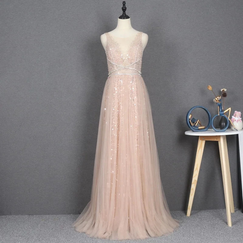 High-end evening dress Heavy beaded flowers  champagne a line tulle fairy  prom dress wholesales
