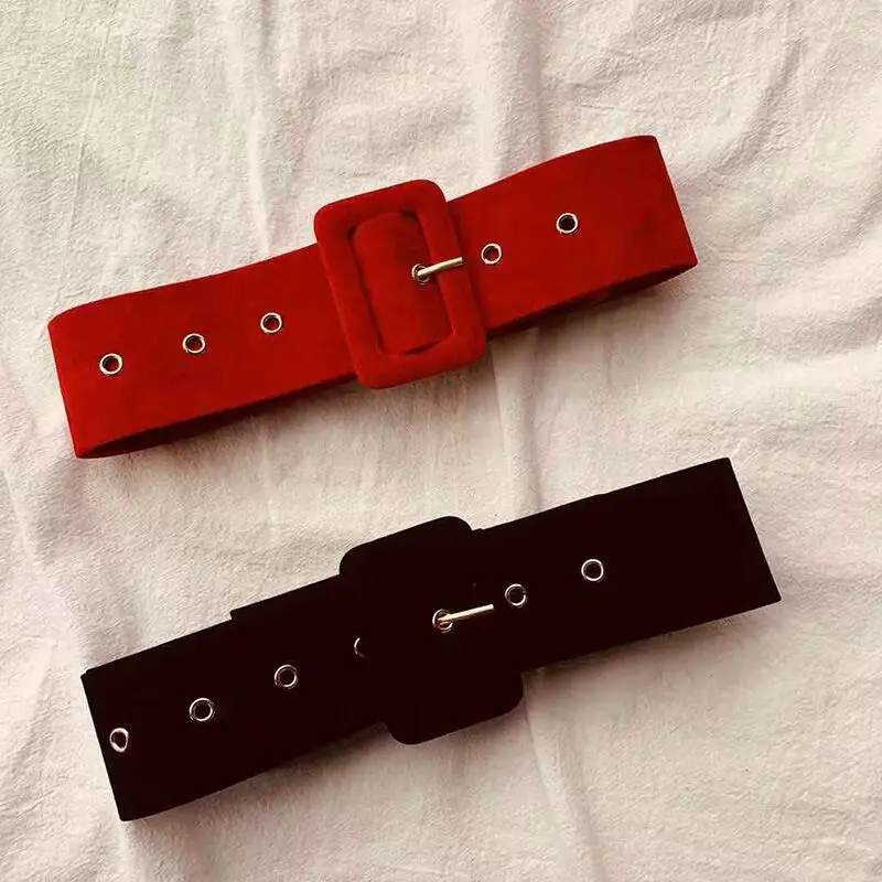 Women Long Soft Suede Belts Square Buckle  Autumn Winter Coat Belts Wild Style Waist Wrapped Flannel Vintage Eyelet Belts