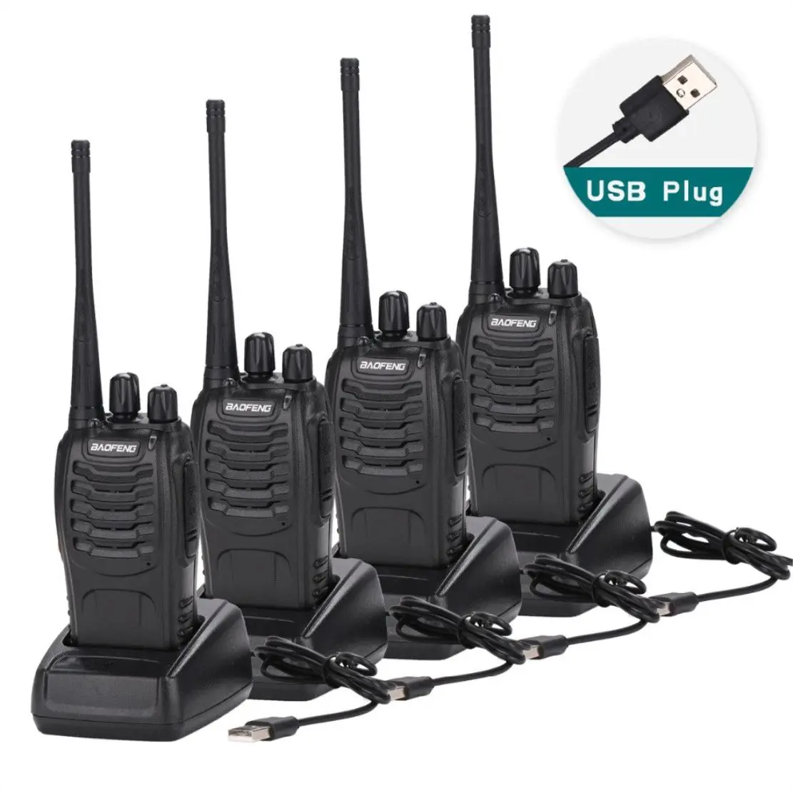 4Pcs Baofeng BF 888S Walkie Talkie USB charge adapter Portable Radio CB Radio UHF 888S Comunicador Transceiver+4 Headset
