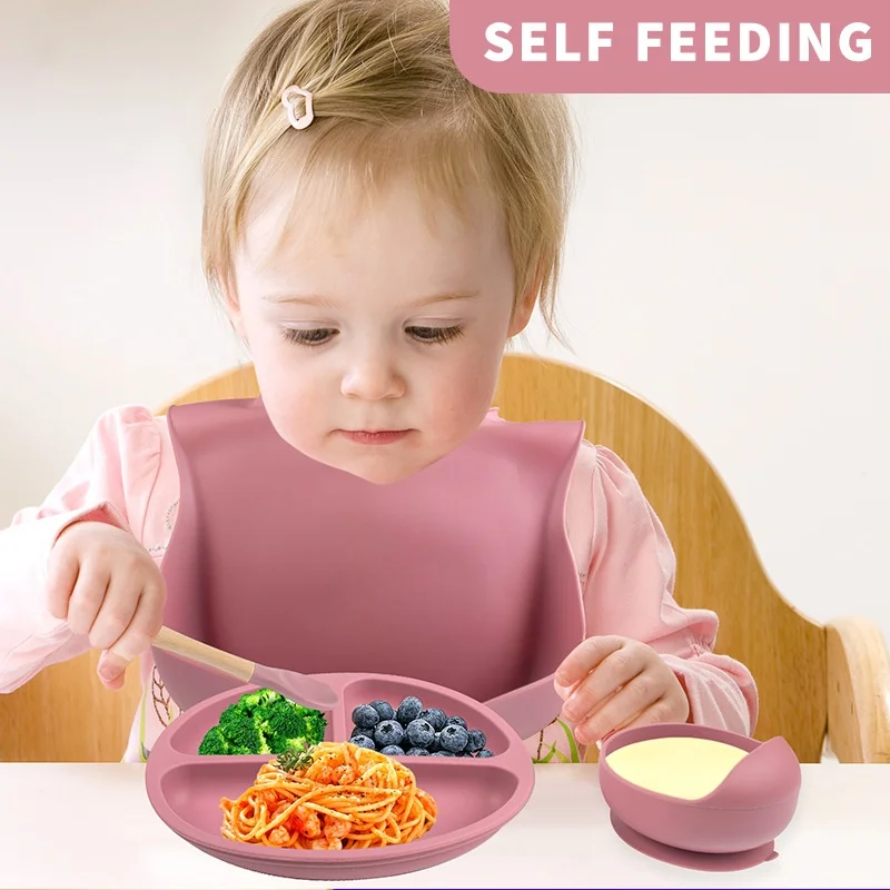 Wholesale Five-piece Free Baby Silicone Feeding Set Fork Spoon And Bibs Usse Suction Silicone Baby Feeding Set