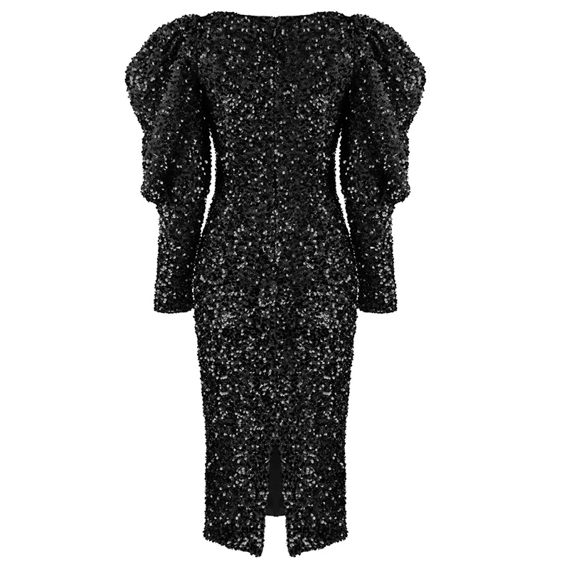 A4577 Elegant Black Red Square Collar Sequin Ladies Puff Sleeve Midi Dress