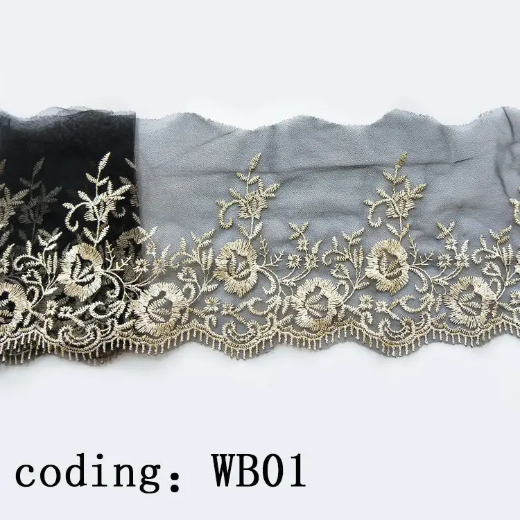13.5cm Black Metal Mesh Lace Trim Ribbon-Shaped Gold Flower Embroidery Promotional Decorative Headdress for Wedding Dresses WB01